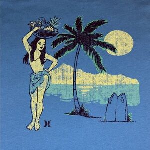 Hurley Light Blue Short Sleeve Tee Hula Girl Surf Tee Medium